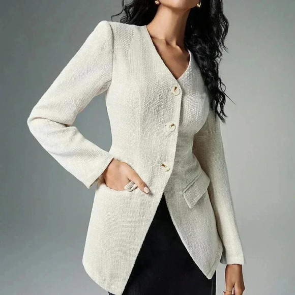 Apricot Elegant Women's Tweed Blazer With Wide Shoulders - Picture 5 of 6